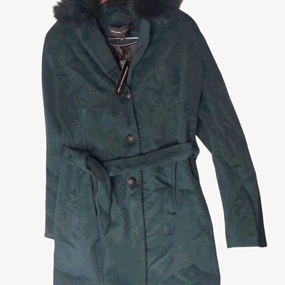 NWT Andrew Marc Fur Trim Dark Emerald Green Pea Wool Trench Coat 6 - Picture 1 of 11